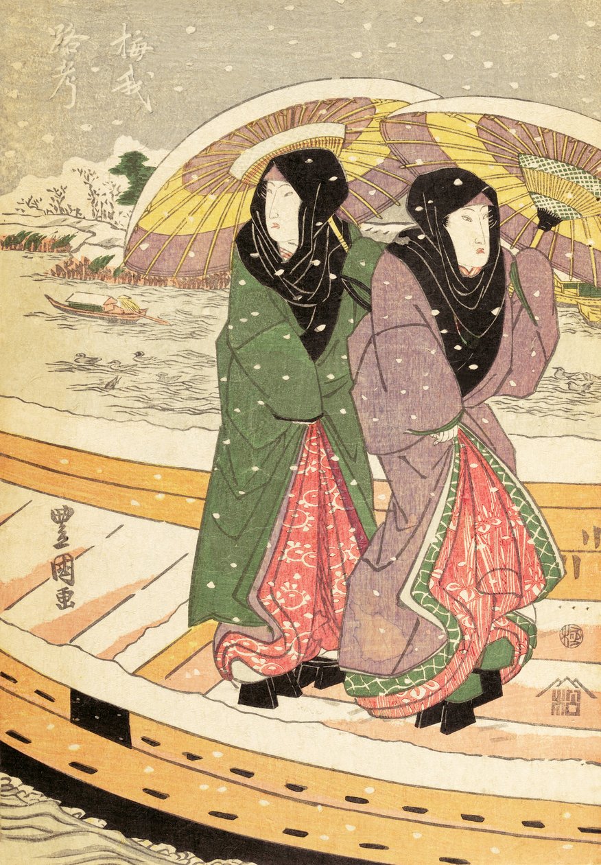 Kvinder, der går over en bro i sne, pub.c.1848 (træblok i farver) af Ando or Utagawa Hiroshige
