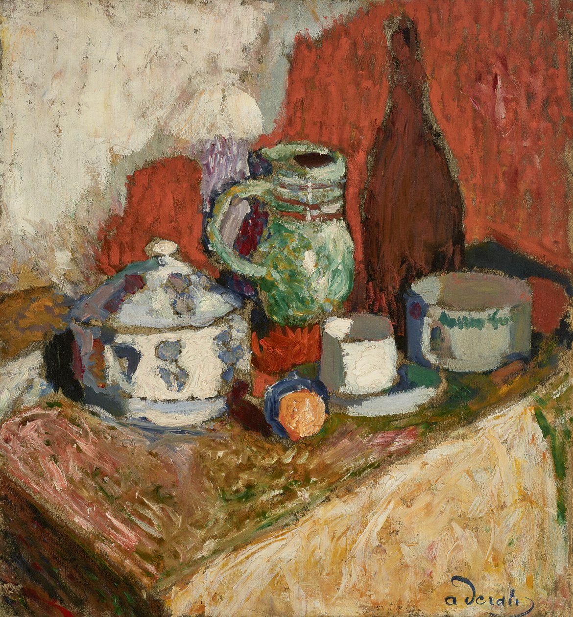 Stilleben med suppeterrin og flaske af Andre Derain