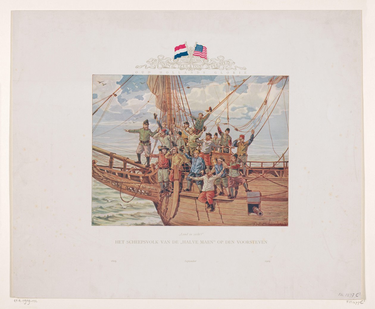 Henry Hudsons skib, Halve Maen, nærmer sig den nordamerikanske kyst, 1609 Land i sigte! Halve Maens skibsfolk på stævnen (titel på objekt) af André Vlaanderen