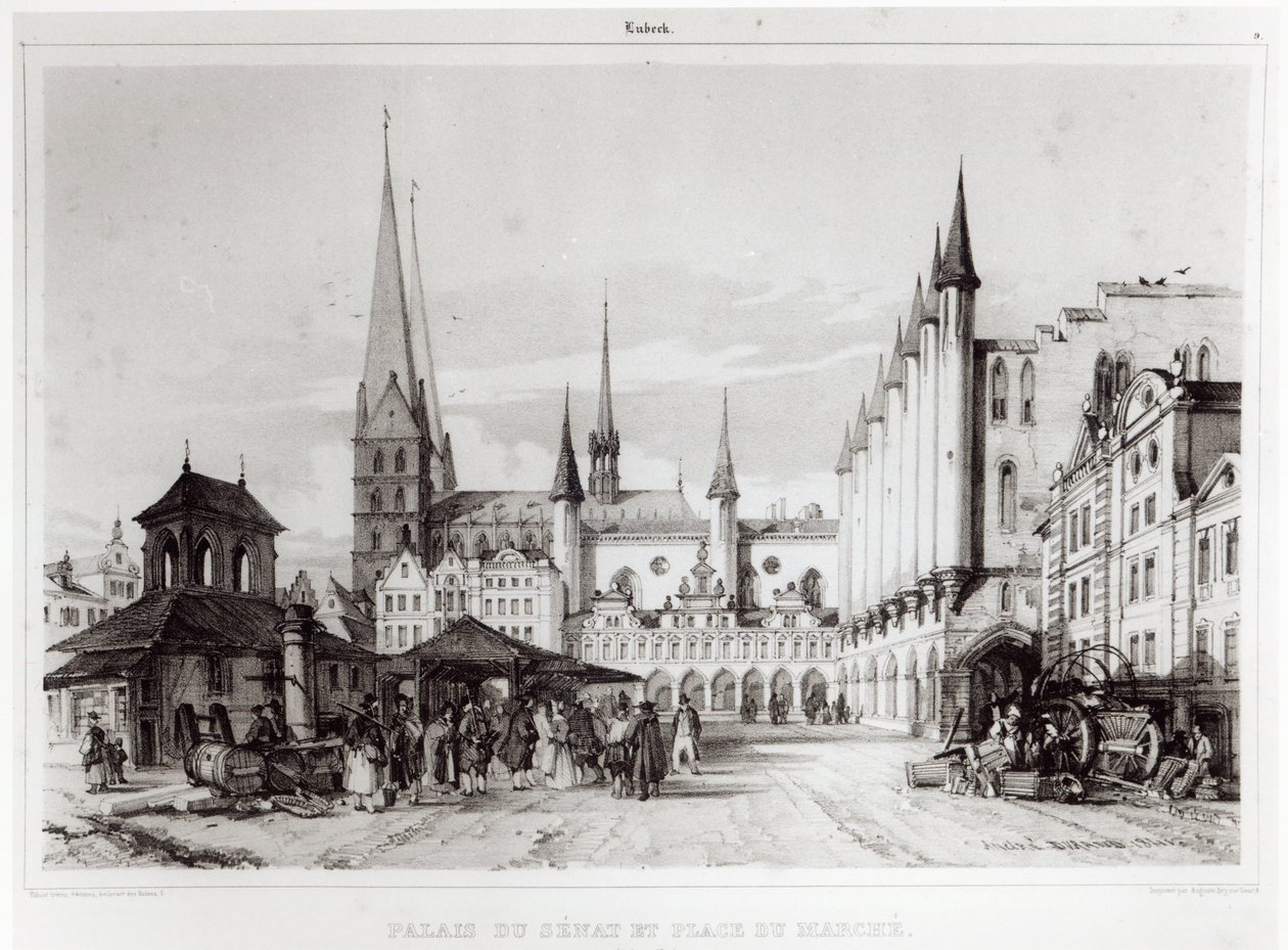 Senatet og markedspladsen i Lübeck, illustration fra "Voyage pittoresque en Russie", 1839 af Andre Durand