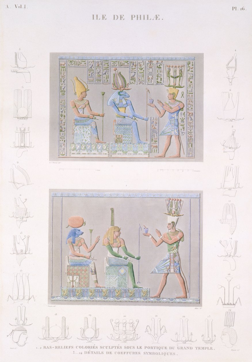Farvede basisrelieffer skulptureret på det store tempels portik med detaljer om symbolerne, øen Philae, plade 16 fra bind I af 