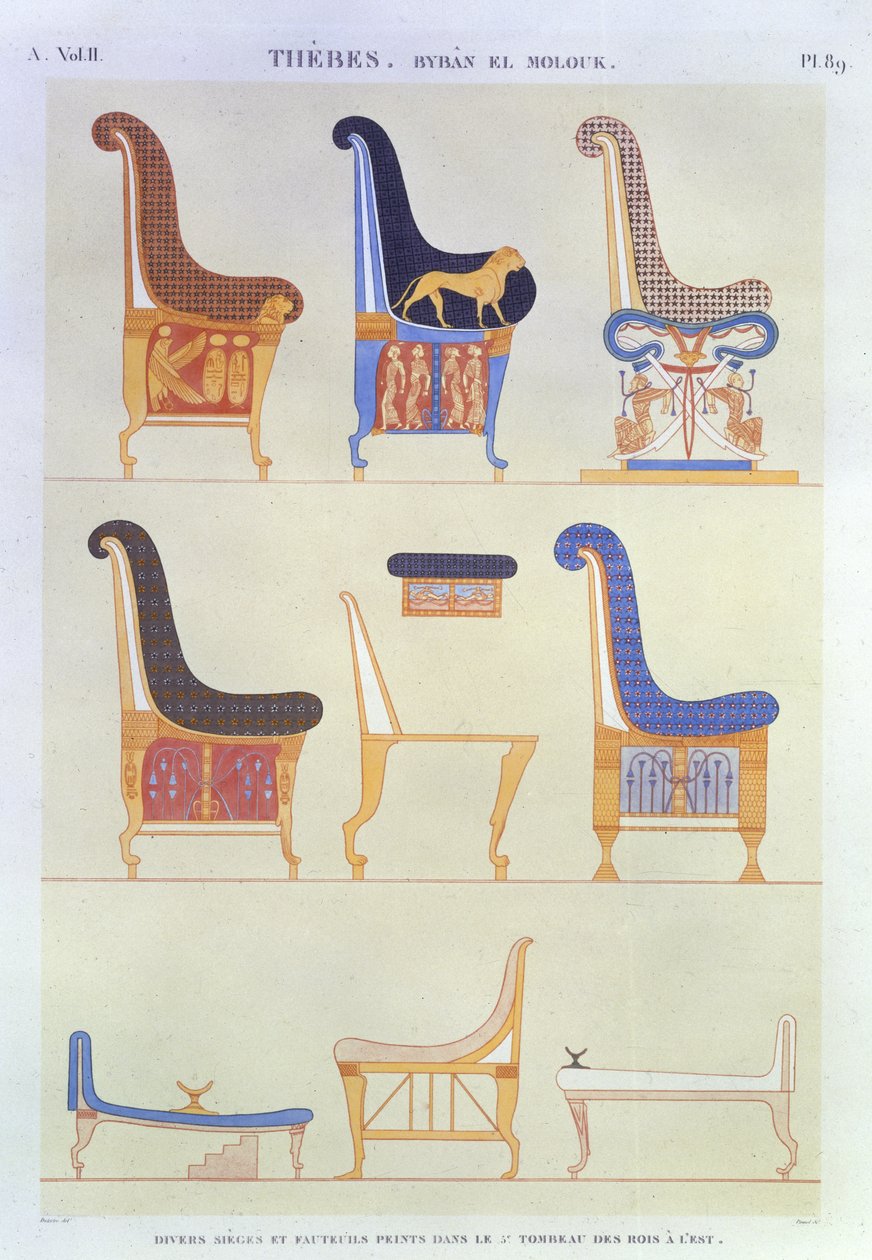 Illustrationer af forskellige malede sæder og lænestole fra Kongernes 5. grav mod øst, Byban el Molouk, plade 89 fra bind II af `Descriptions of Egypt`, indgraveret af Pomel, 1822 (akvatint) af Andre Dutertre