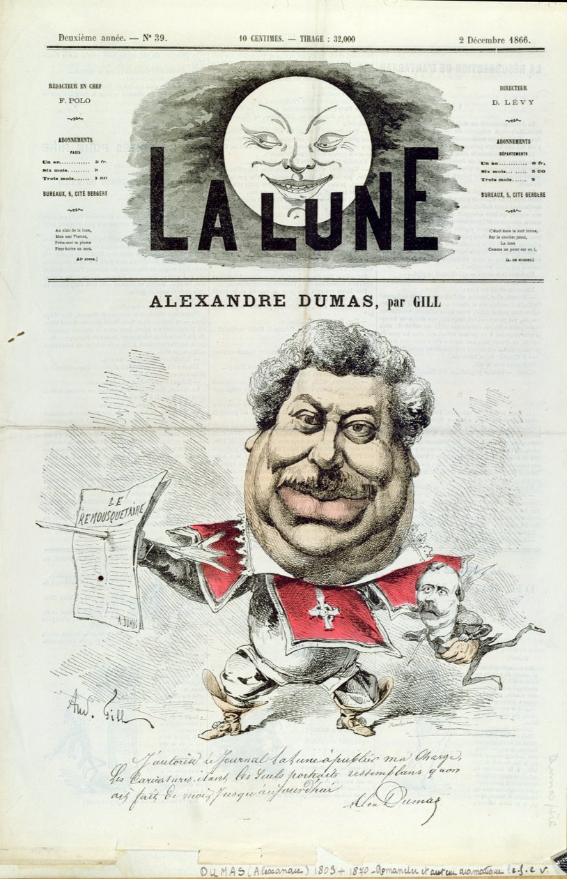 Karikatur af Alexandre Dumas pere (1803-70) som musketer, fra forsiden af tidsskriftet "La Lune", 2. december 1866 af Andre Gill
