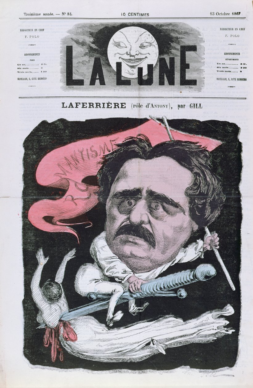 Karikatur af skuespilleren Laferriere i rollen som Antony fra skuespillet af samme navn af Alexandre Dumas pere (1803-70) fra forsiden af magasinet 