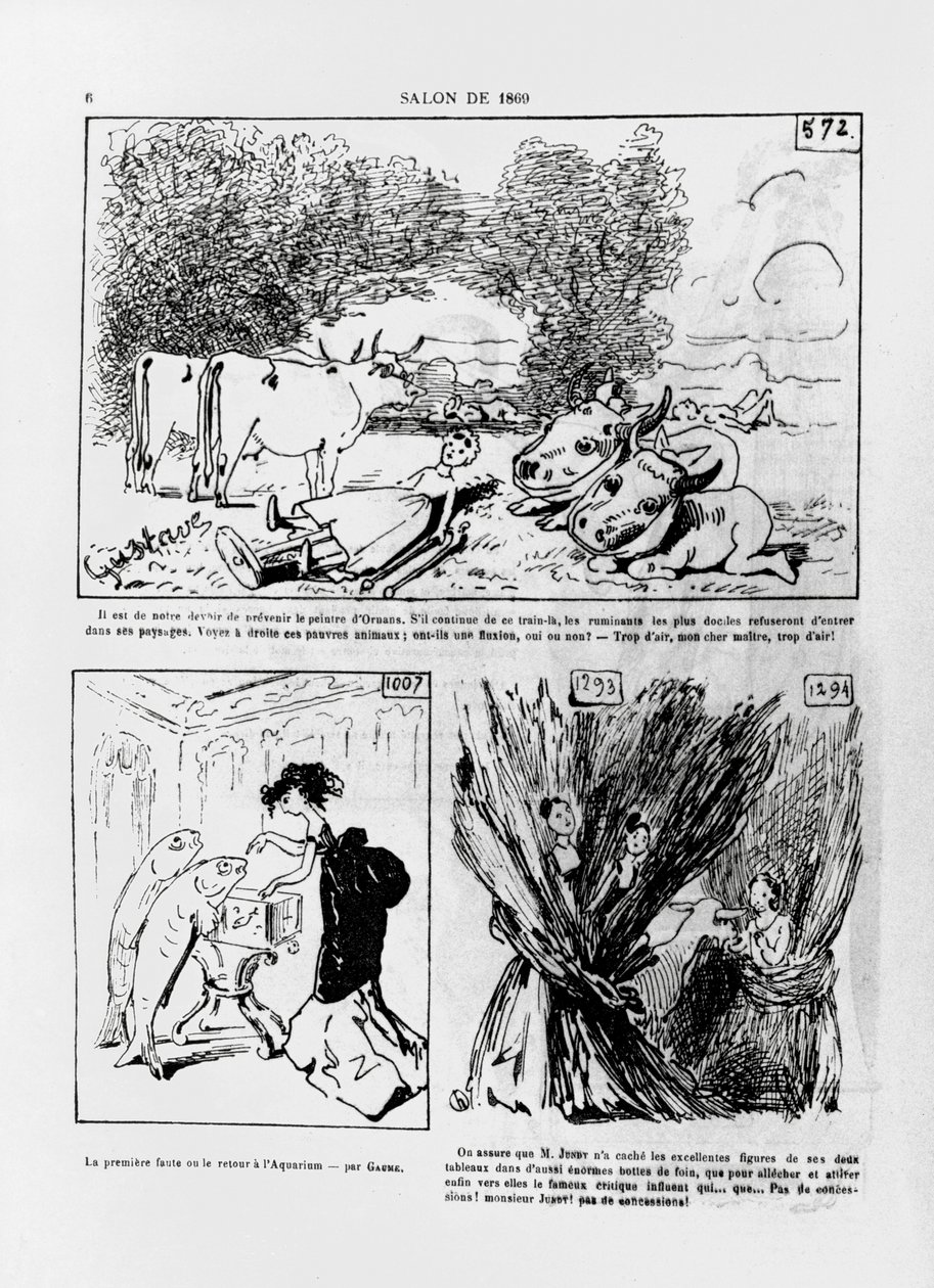 Karikaturer af de franske kunstnere Courbet, Gaume og Jundt, fra tidsskriftet "La Parodie" nr. 1, 4. juni 1869 af Andre Gill
