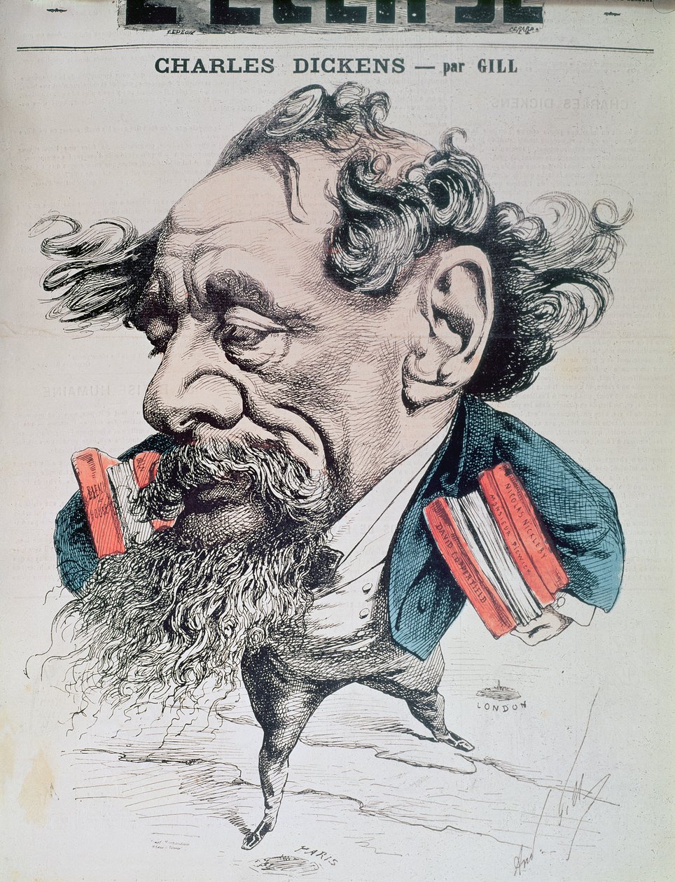 Charles Dickens over den engelske kanal, forsideillustration fra 