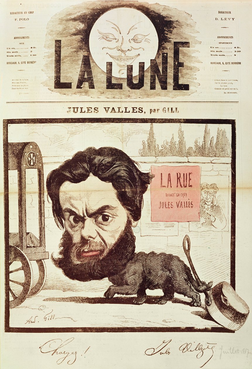 Forsiden af "La Lune" med en karikatur af Jules Valles og hans tidsskrift "La Rue", Paris, juli 1867 (farvelitografi) af Andre Gill