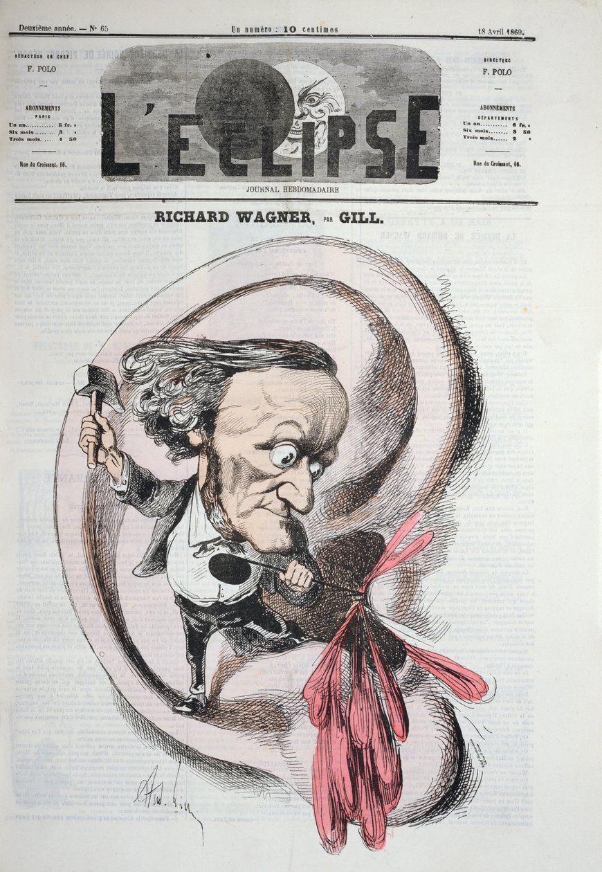 Richard Wagner, der gennemborer et trommehinde, 1869 af Andre Gill