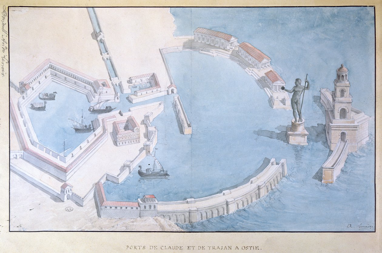 Rekonstruktion af den romerske havn i Ostia, ca. 1850 af Andre Lenoir