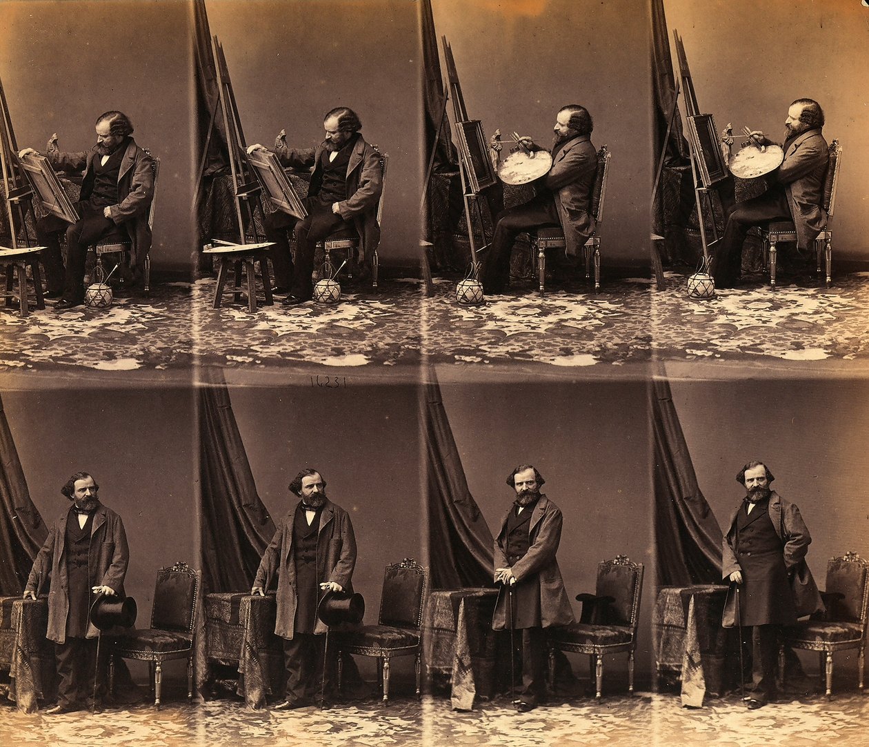 Portræt af maleren Lepualle: ark med seks uskårne cartes de visite (s/h foto) af Andre Adolphe Eugene Disderi