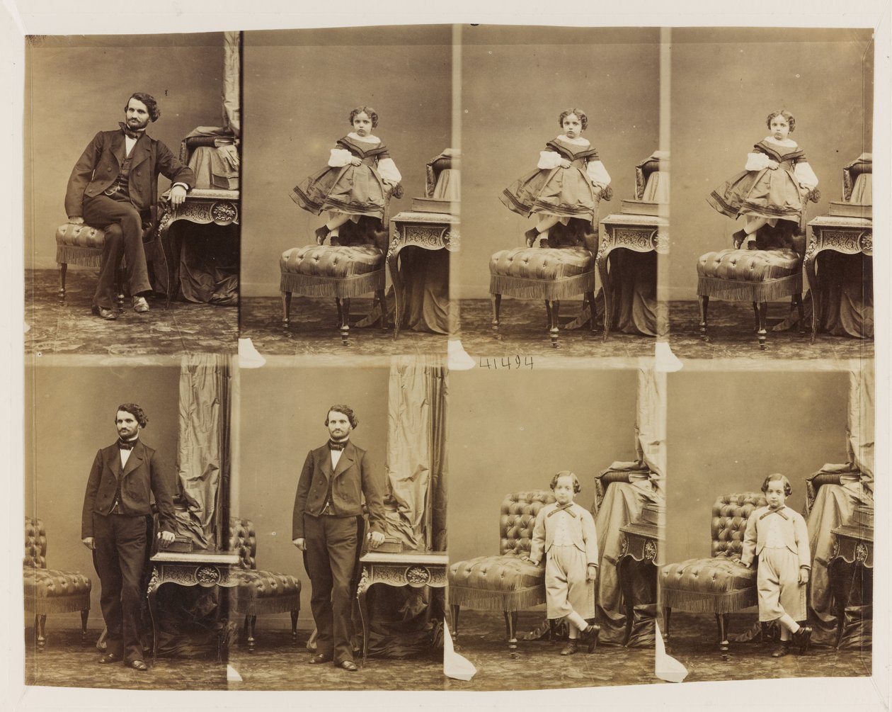 Siddende portrætter 41494: Docteur Magnan og hans søn og datter, ca. 1861 (albumin print (8 uskårne cartes de visite)) af Andre Adolphe Eugene Disderi