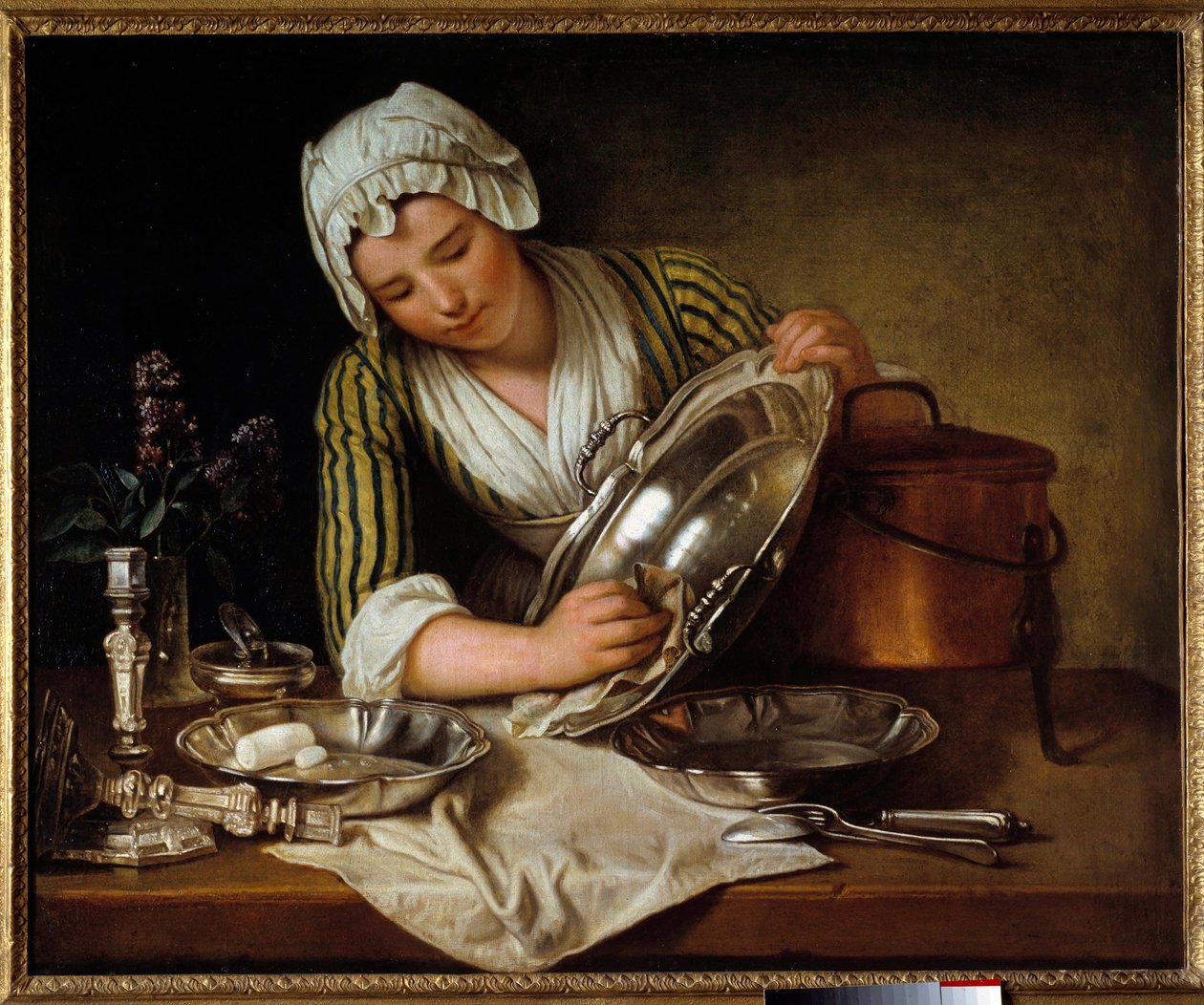 Servante asticant et fad eller "" La recureuse"" Maleri af Andre Bouys (1656-1740) 1737 Paris, Dekorativ kunst - Hustjener, der polerer sølvet (eller "" La Recureuse"). Maleri af Andre Bouys (1656-1740) af Andre Bouys