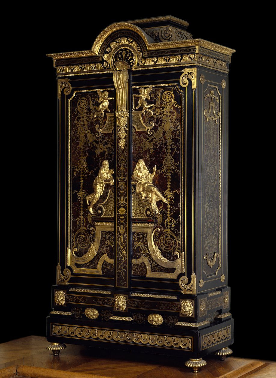 Møbler i Louis XIV-stil (1661-1715): garderobe dekorerer figurer af Aspasie og Socrates lavet i eg, ebene og forgyldning af Andre Boulle (1642-1732) Vers 1710 Paris. Louvre-museet af Andre Charles Boulle