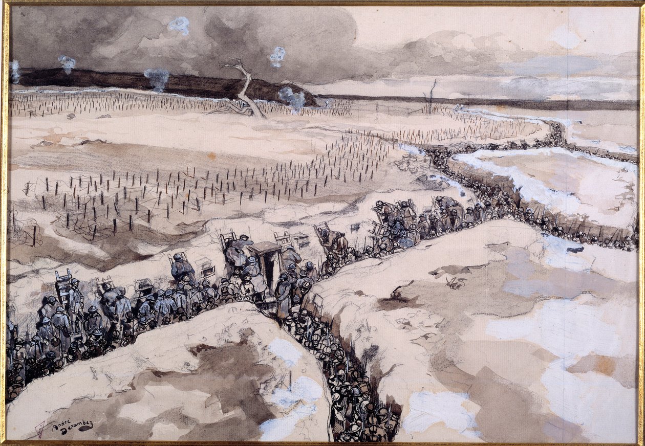 Før et angreb. Soldater i skyttegravene lige før angrebet i vinteren 1915 (akvariel og blyant) af Andre Devambez