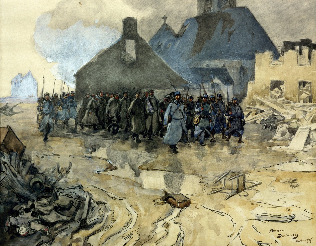 Første verdenskrig: tilbagevenden af patruljen, juli 1915 (eau forte) af Andre Devambez