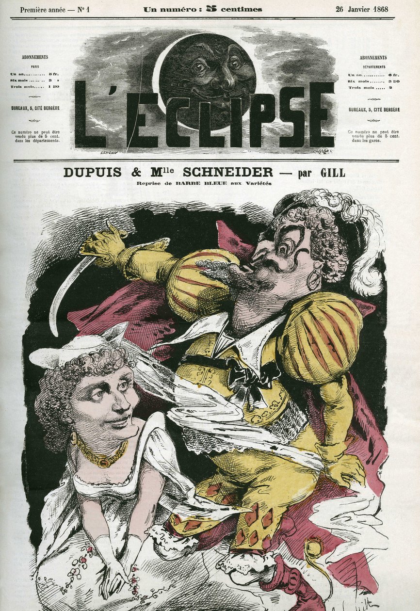 Beard-Bleue, operamad på Offenbachs musik på Varietes-teatret, med Dupuis som “Beard-Bleue” og Hortense Schneider som Boulotte. Cover i "" L