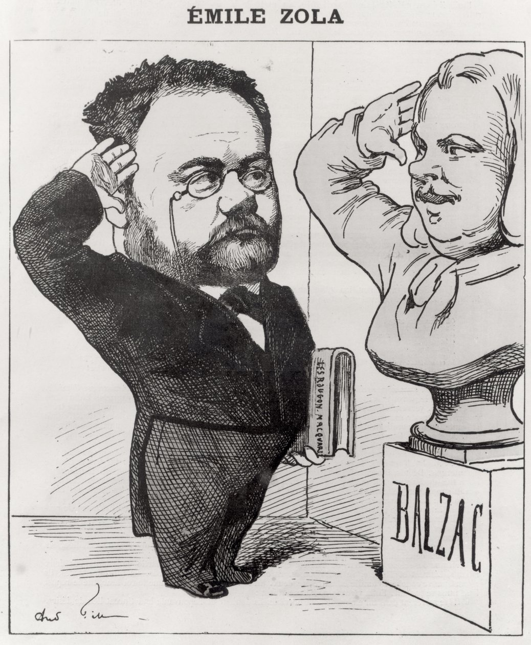 Karikatur af Emile Zola (1840-1902), der hilser på en buste af Honore de Balzac (1799-1850) 1878 af Andre Gill