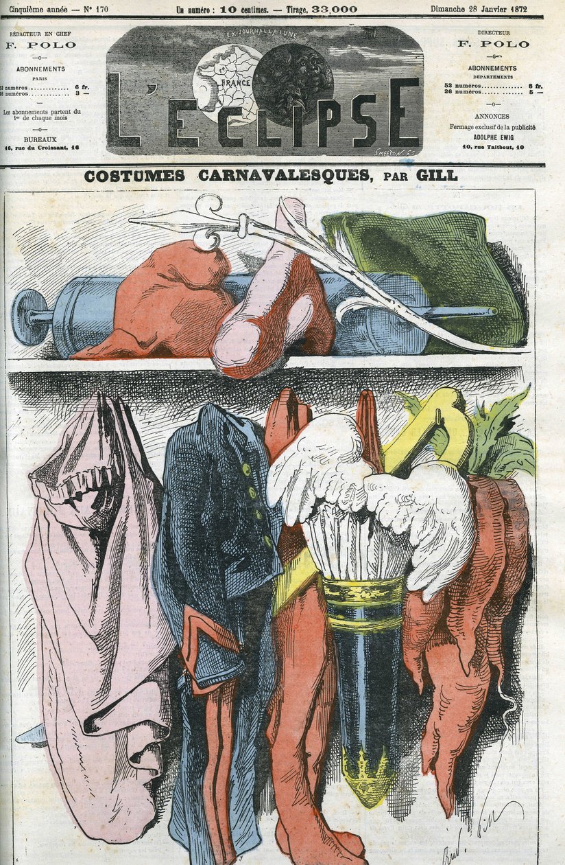 Karnevalskostumer, en skyttedragt til Napoleon III, den republikanske kasket til Duvernois, en bøddelkostume til Bismarck... Cover i "" L