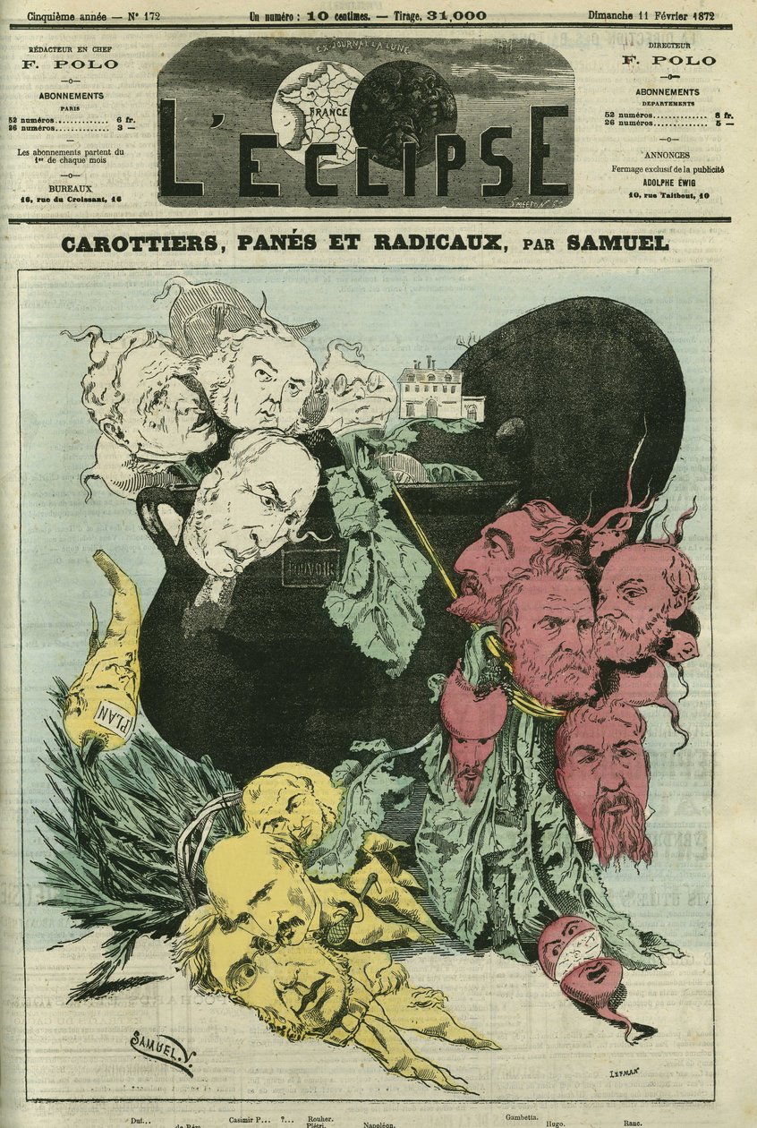 Gulerødder, ruder og radikale, de forskellige politiske partier i grøntsager i magtens gryde. Tegning, der erstatter tegneserien af Gill, censuree. Cover i "" L