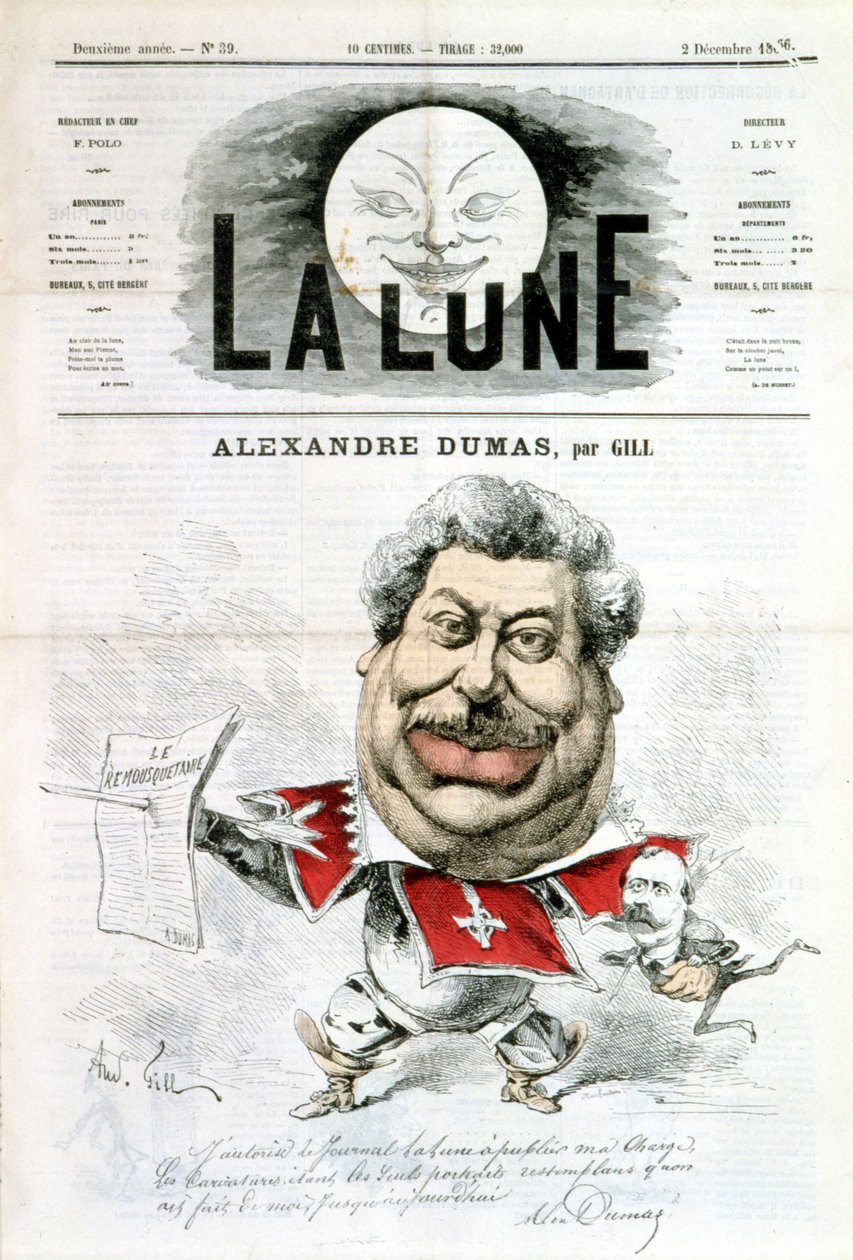 Tegneserie og autograf af Alexandre Dumas - af Gill i "La Lune"" fra 02/12/1866 af Andre Gill