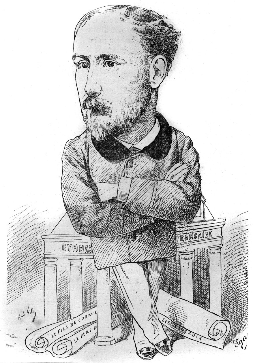 Tegneserie af Albert Delpit (1849-1893), fransk forfatter. Tegning af Andre Gill. Gravering i "" Le Monde Illustré"" af Andre Gill