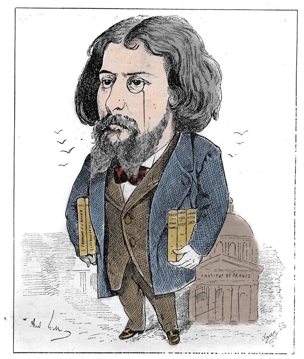 Tegneserie af Alphonse Daudet (1840-1897), en fransk forfatter, repræsenteret med sine bøger og sin monokel ved Institut de France i Paris. Tegning af Andre Gill. Gravering i "" Le Monde Illustré"" af Andre Gill