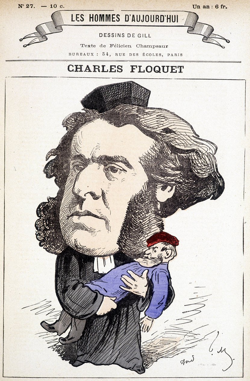 Tegneserie af Charles Floquet (1828-1896), advokat og formand for Rådet mellem 1888 og 1889. Han sårede general Boulanger i en duel, hvis ideer han kæmpede. Tegning af Gill i "The Men of Today"". af Andre Gill
