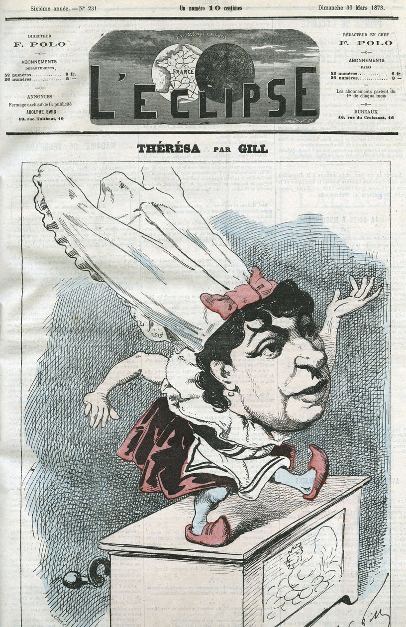 Tegnefilm af Emma Valendon kaldet Theresa (1837-1913), fransk populær sangerinde. Cover i "" L