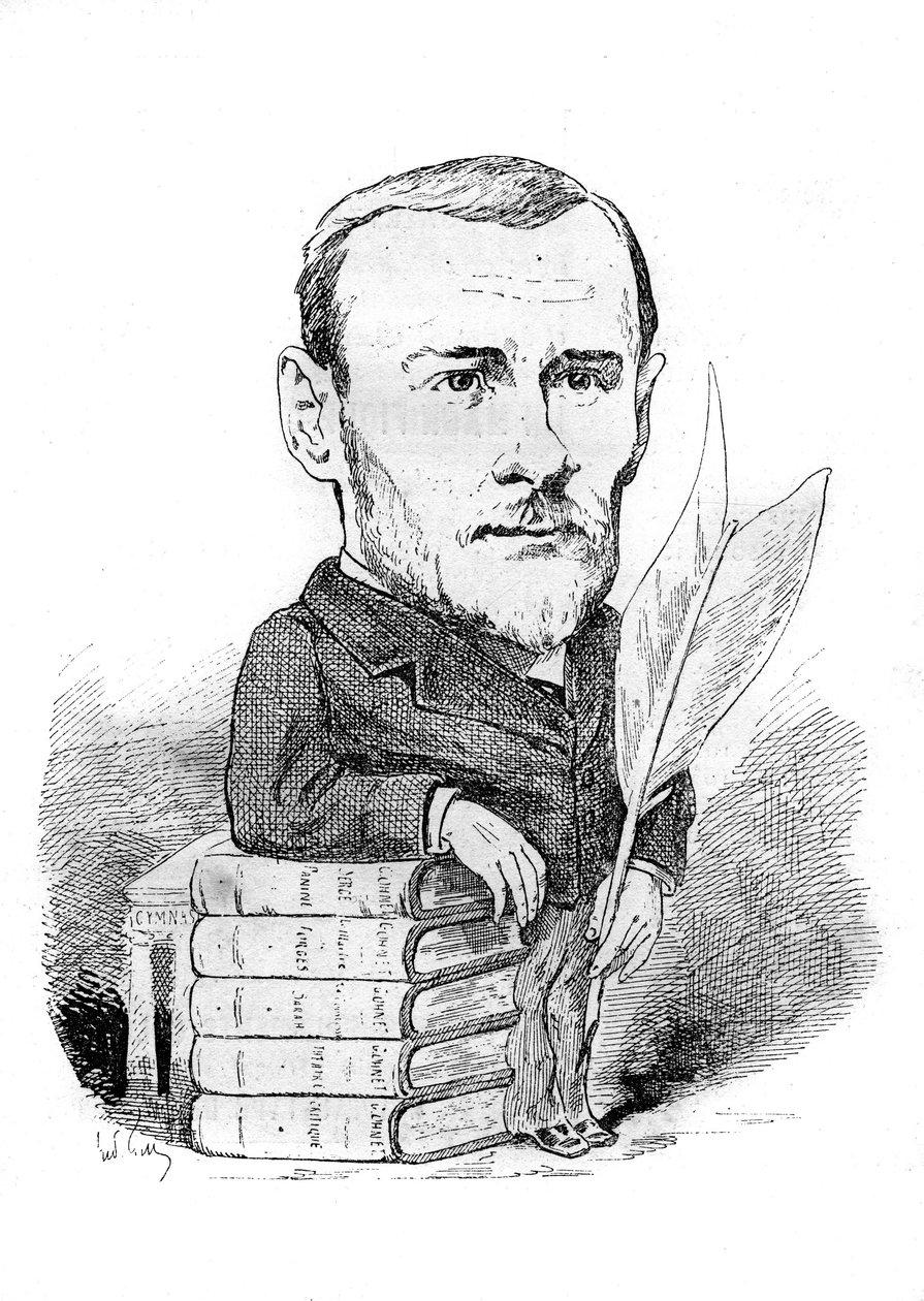 Tegneserie af Georges Ohnet (1848-1918), en fransk forfatter, der repræsenterer med sine bøger og kuglepen. Tegning af Andre Gill. Gravering i "" Le Monde Illustré"" af Andre Gill