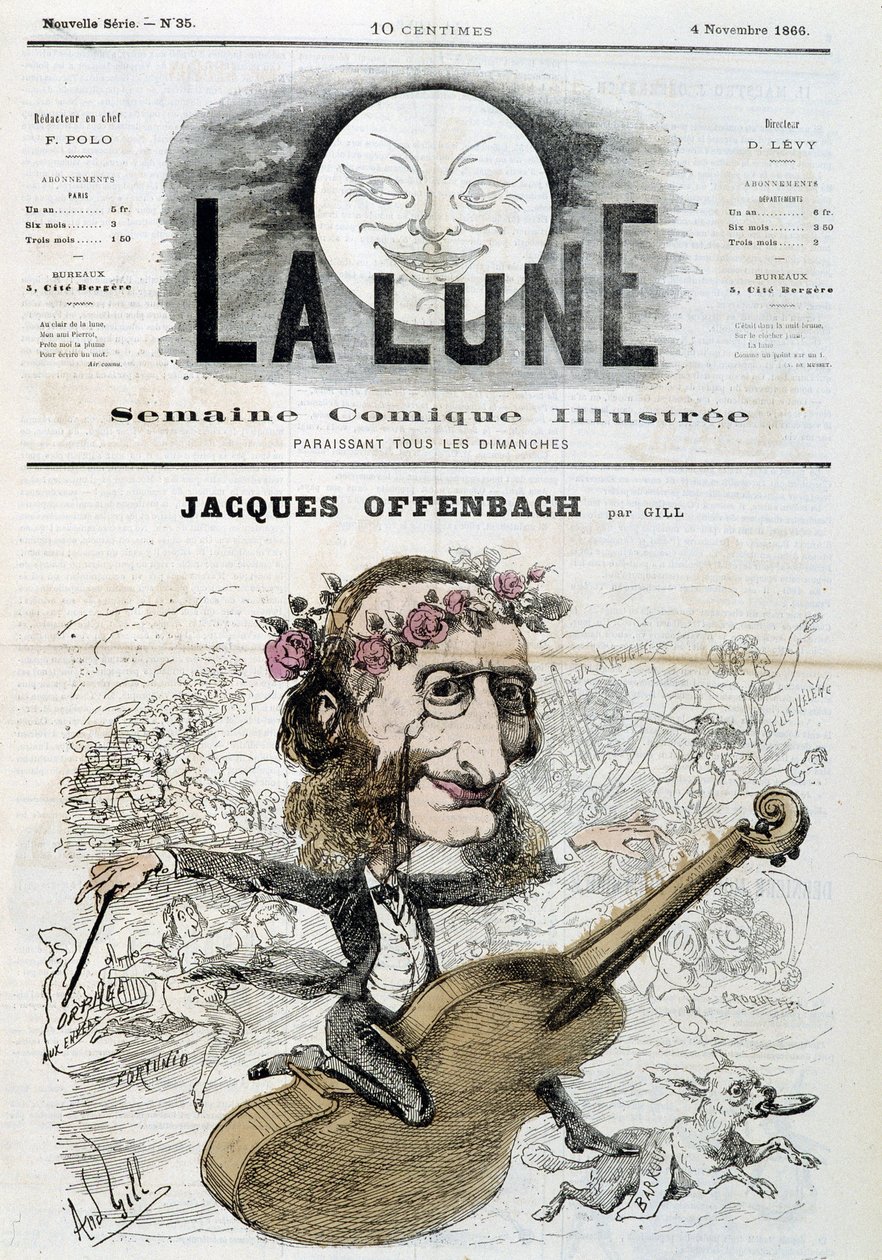 Tegneserie af Jacques Offenbach (1819 - 1880), ridende på violin - af Gill i "" La Lune"" fra 04/11/1866 af Andre Gill