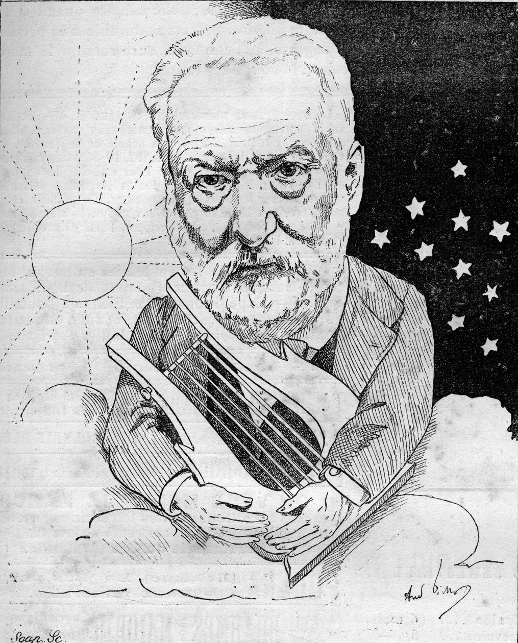 Tegnefilm af Victor Hugo (1802-1885), en fransk forfatter, skildrer med en lyre på en sky på himlen mellem dag og nat. Tegning af Andre Gill. Gravering i "" Le Monde Illustré"" af Andre Gill