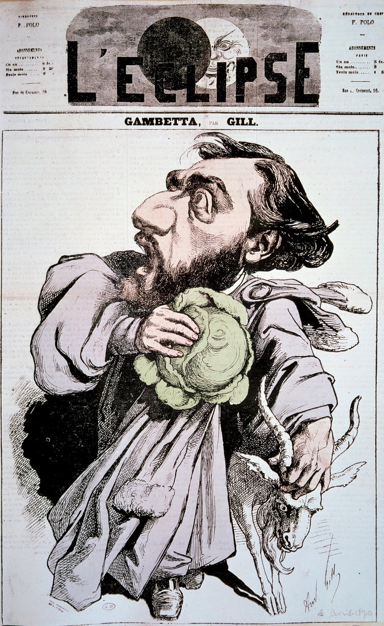Tegneserie forestillende Leon Gambetta (1838-1882), en fransk politiker. Tegning af Andre Gill (1840-1885) i "" L