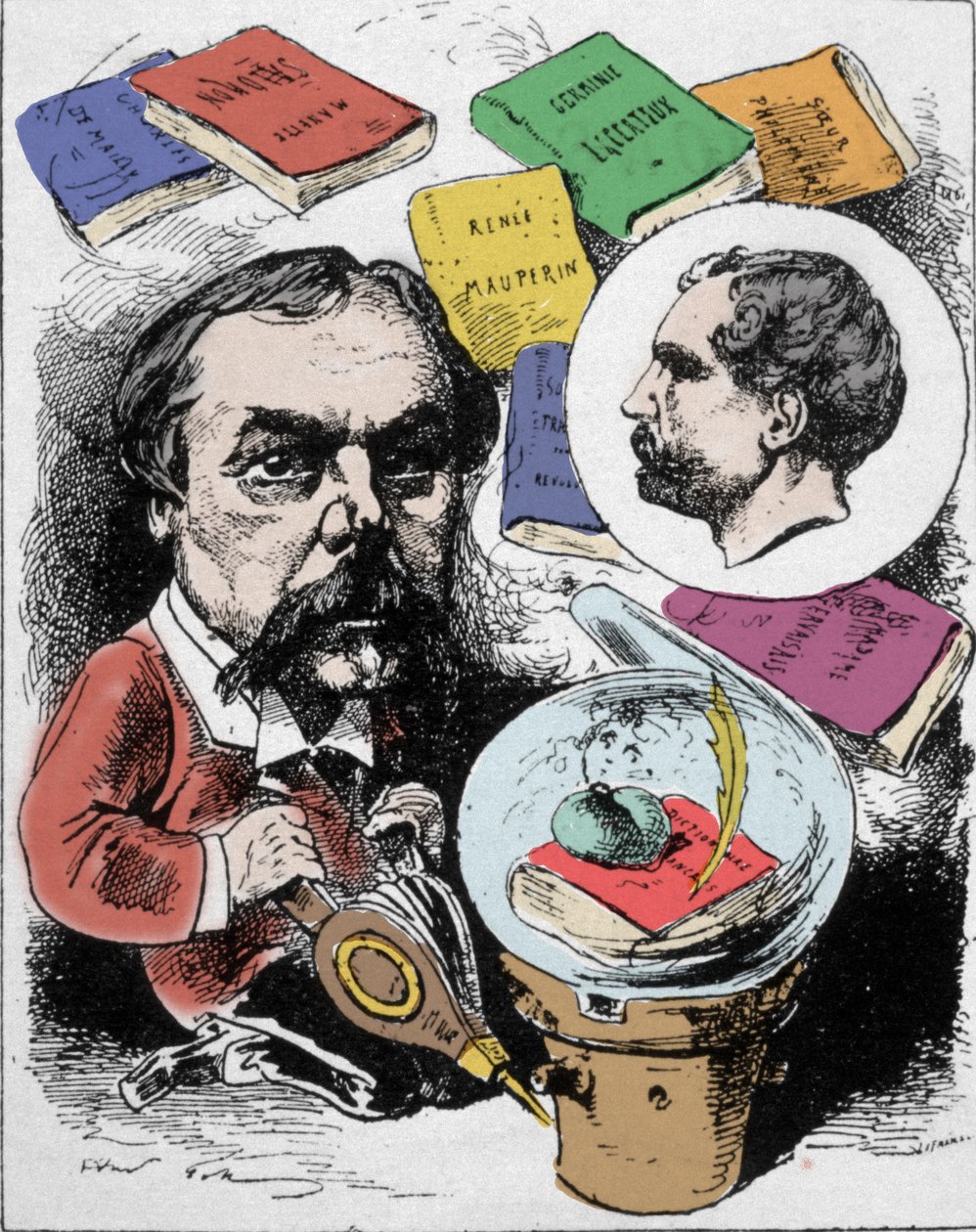 Tegneserie forestillende den franske forfatter Edmond de Goncourt (1822-1896). Tegning af Gill udgivet i "" L