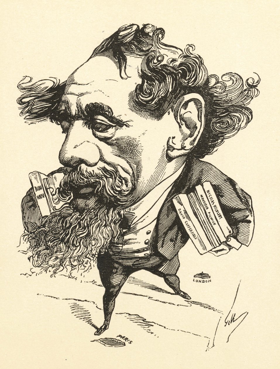 Tegneserie af Charles Dickens, der krydser den engelske kanal, 1868 af Andre Gill