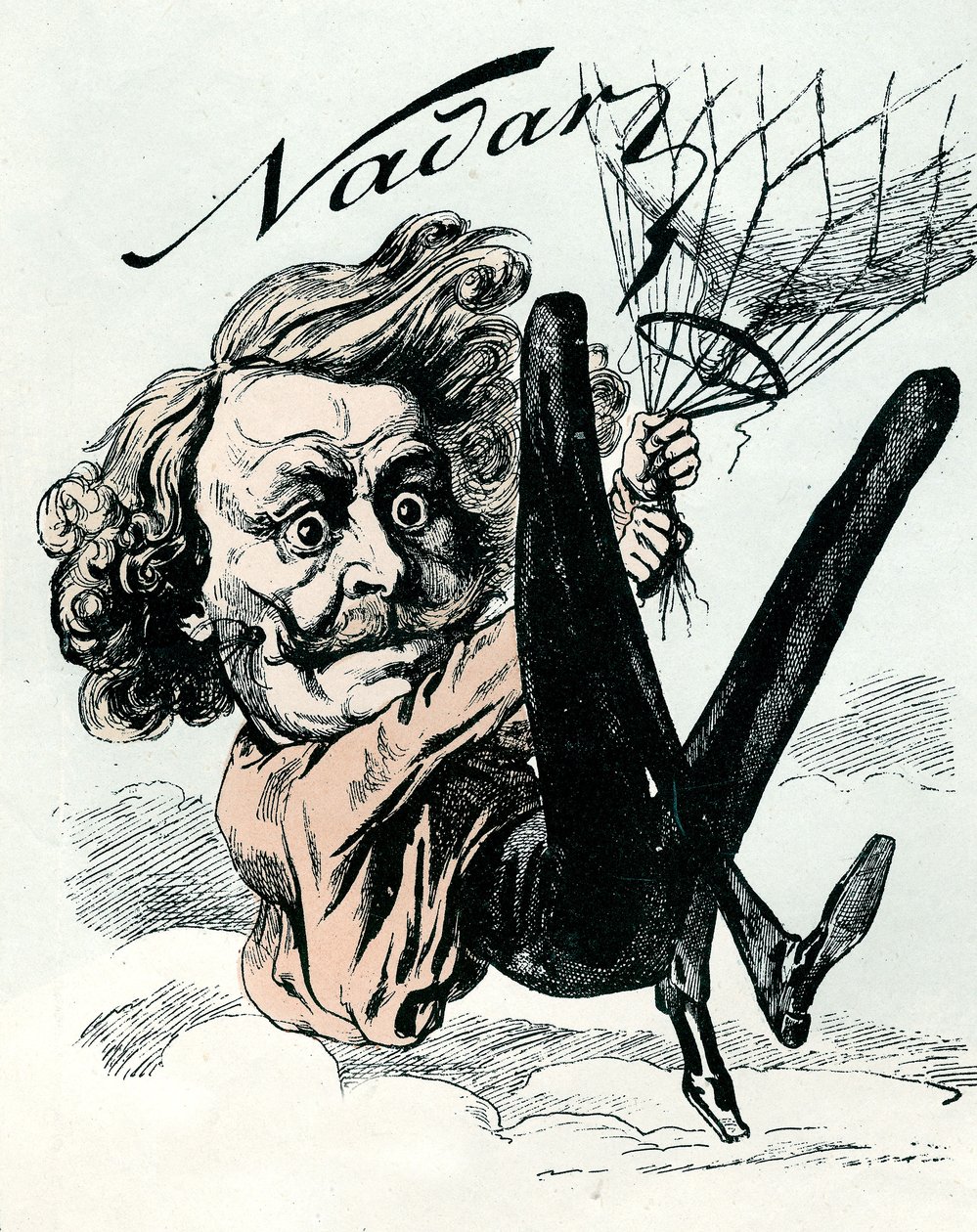 Tegneserie af Felix Nadar, pioner inden for luftbilleder i 1858, her hængende fra hans ballon (gravering) af Andre Gill
