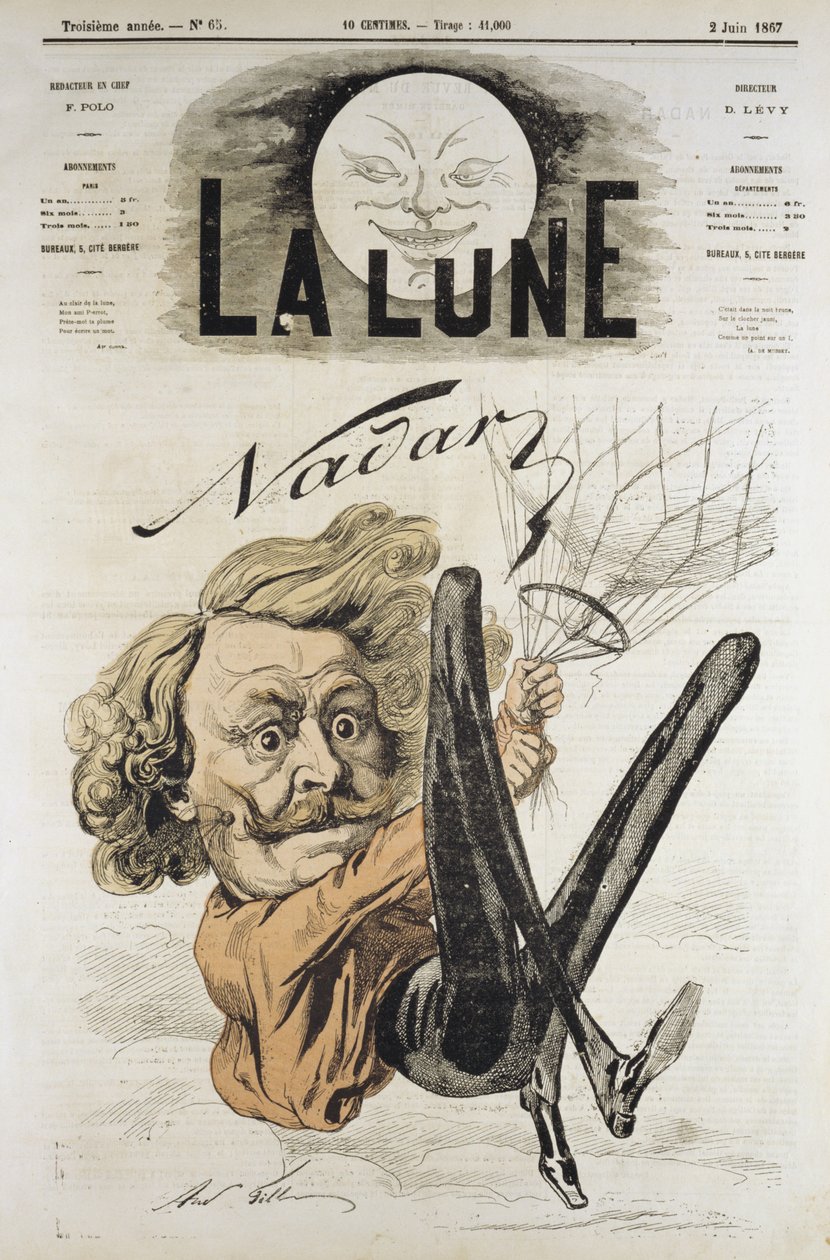 Tegneserie af Felix Nadar, pioner inden for luftbilleder i 1858, her hængende fra hans ballon af Andre Gill