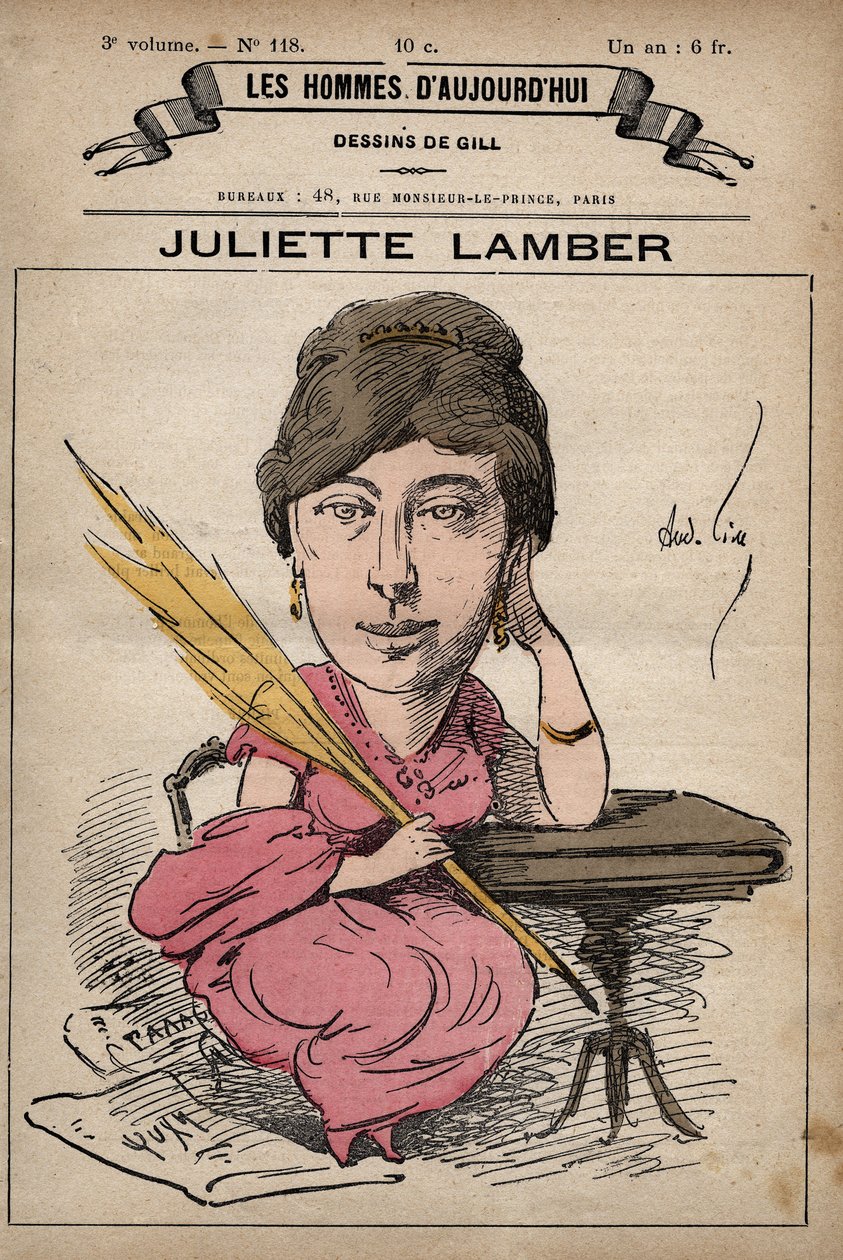Tegneserie af Juliette Adam Lambert 1836-1936, en fransk forfatter og feminist - fra 