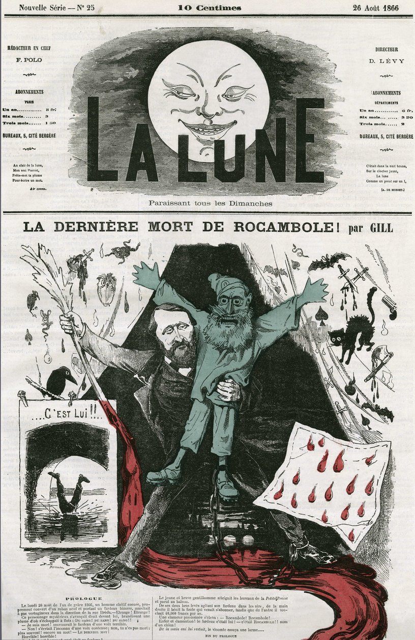 Tegneserie af "La last mort de Rocamole"" og dens forfatter, Pierre Alexis Ponson du Terrail (1829-1871). Tegnefilm af Gill, i "Månen", 26. august af Andre Gill