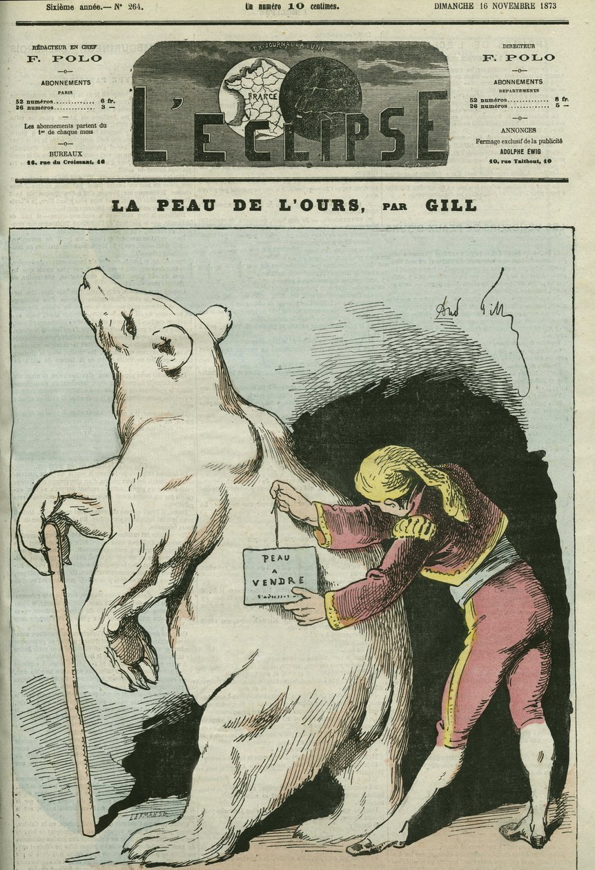 Tegneserie af "The skin of the bear, skin for sale", med henvisning til politikere, der anses for at være sælgere. Cover i "" L