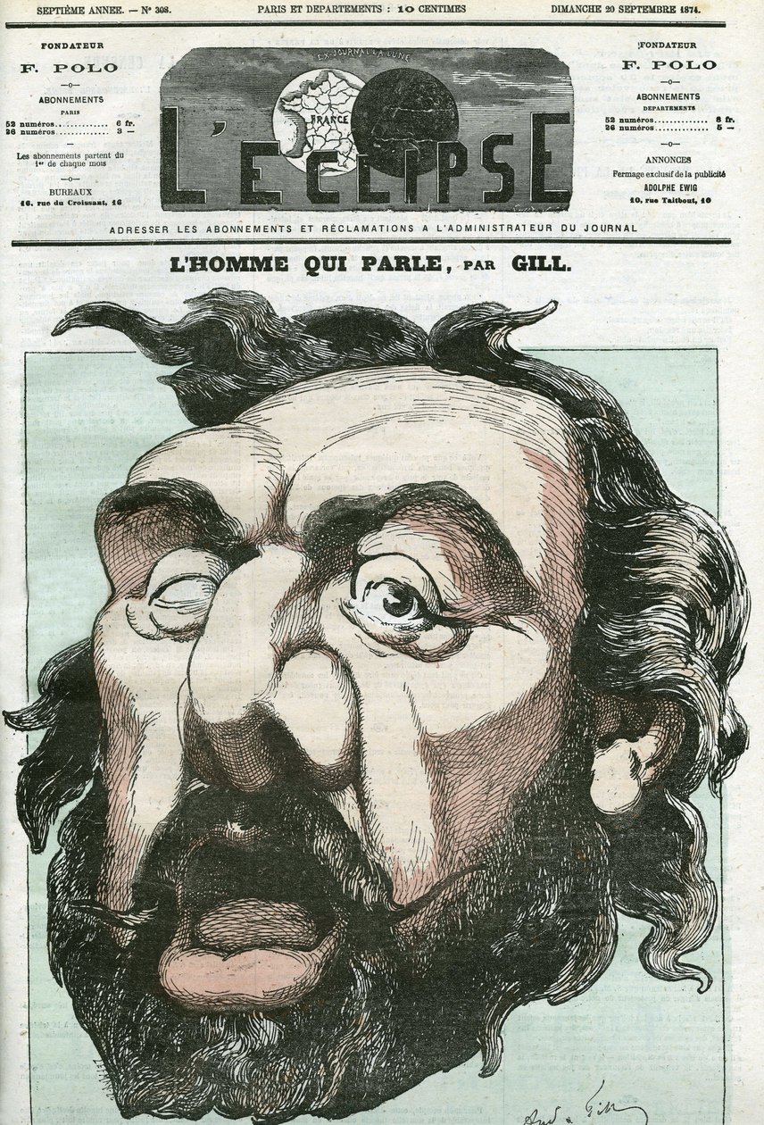 Tegneserie af "manden der taler"", Leon Gambetta (1838-1882), fransk politiker. Cover i "" L