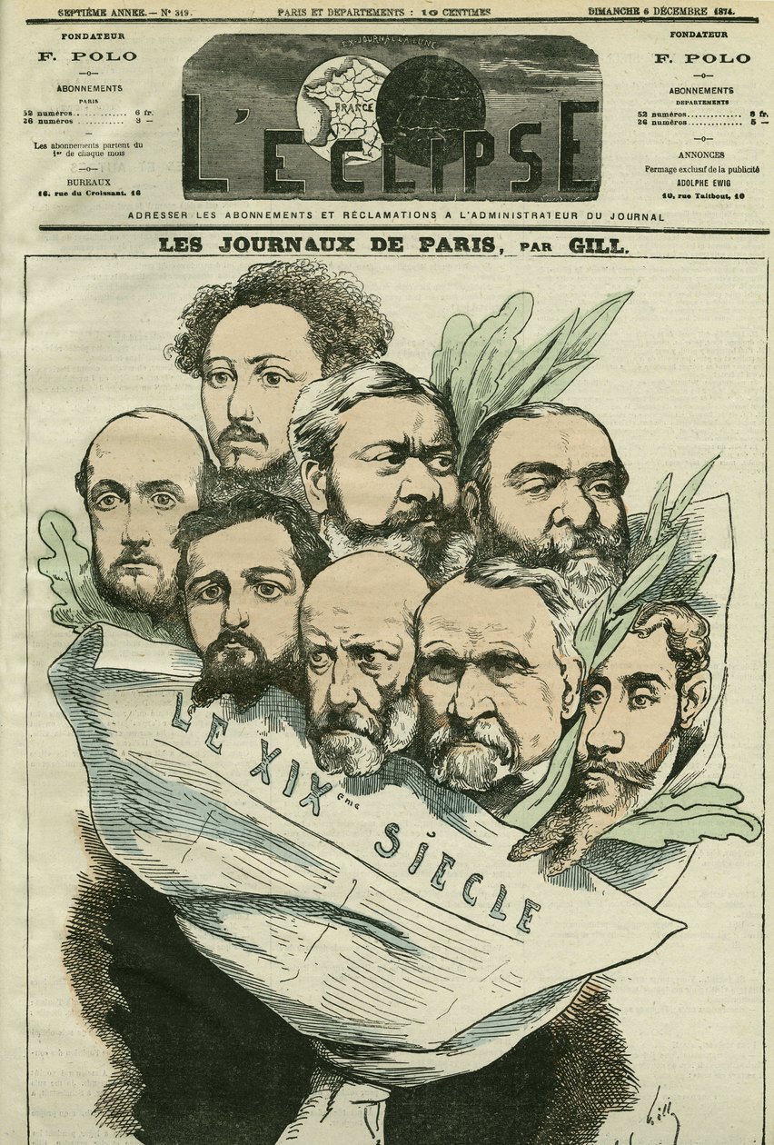 Tegneserie af teamet fra avisen "" Le XIXe siècle"", instrueret af Edmont About (1828-?), en fransk mand med bogstaver. Cover i "" L