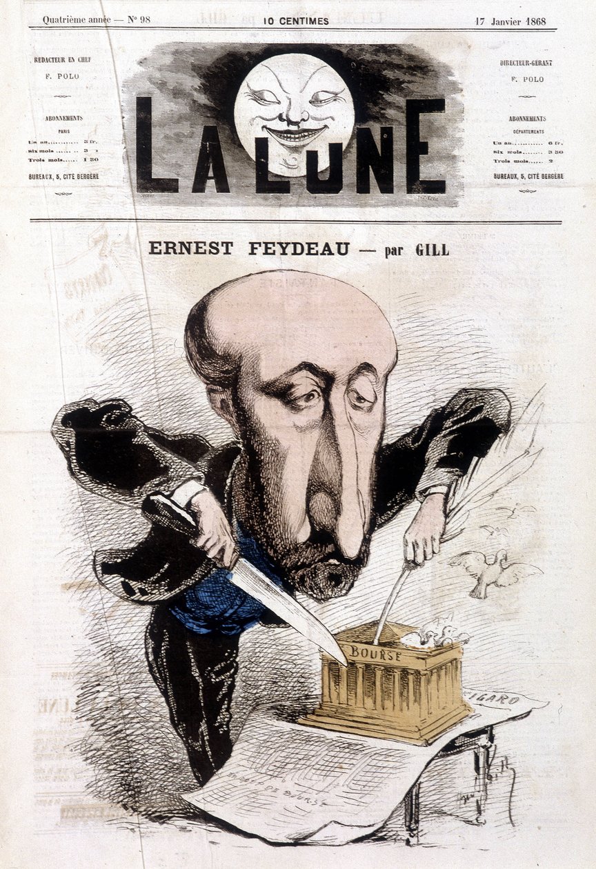 Tegnefilm om Ernest Feydeau (1821 - 1873) af Gill - i "" Månen"" af Andre Gill