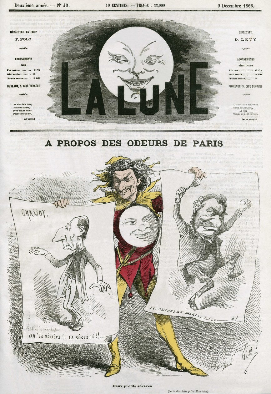 Tegnefilm om en bog "Les Odeurs de Paris" af Louis Veuillot (1813-1883), fransk forfatter. Tegnefilm af Gill, i "Månen", 9. december af Andre Gill