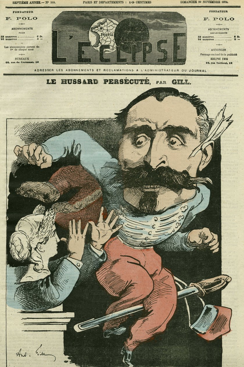 Tegnefilm "" husaren forfølger (af Marianne, der gør sin næse), Monsieur de Saint-Genest (Saint Genest). Cover i "" The Eclipse"" af Gill, 29. november af Andre Gill