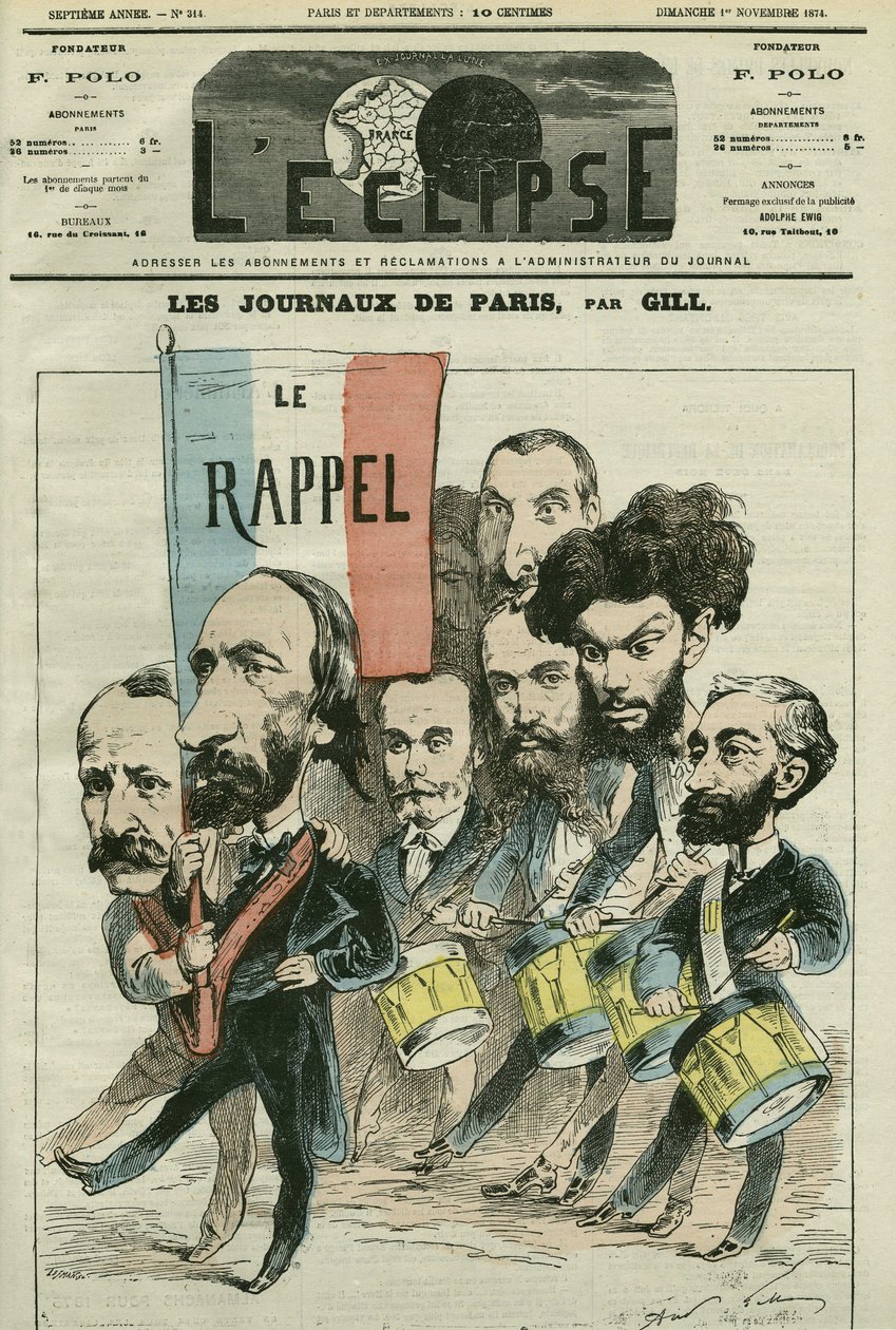Tegneserie "" tilbagekaldelsen"" af Republique af Paris-aviserne med Paul Meurice (1818-1905), Auguste Vacquerie (1819-1895), Gaulier, Blum, Lefevre, D