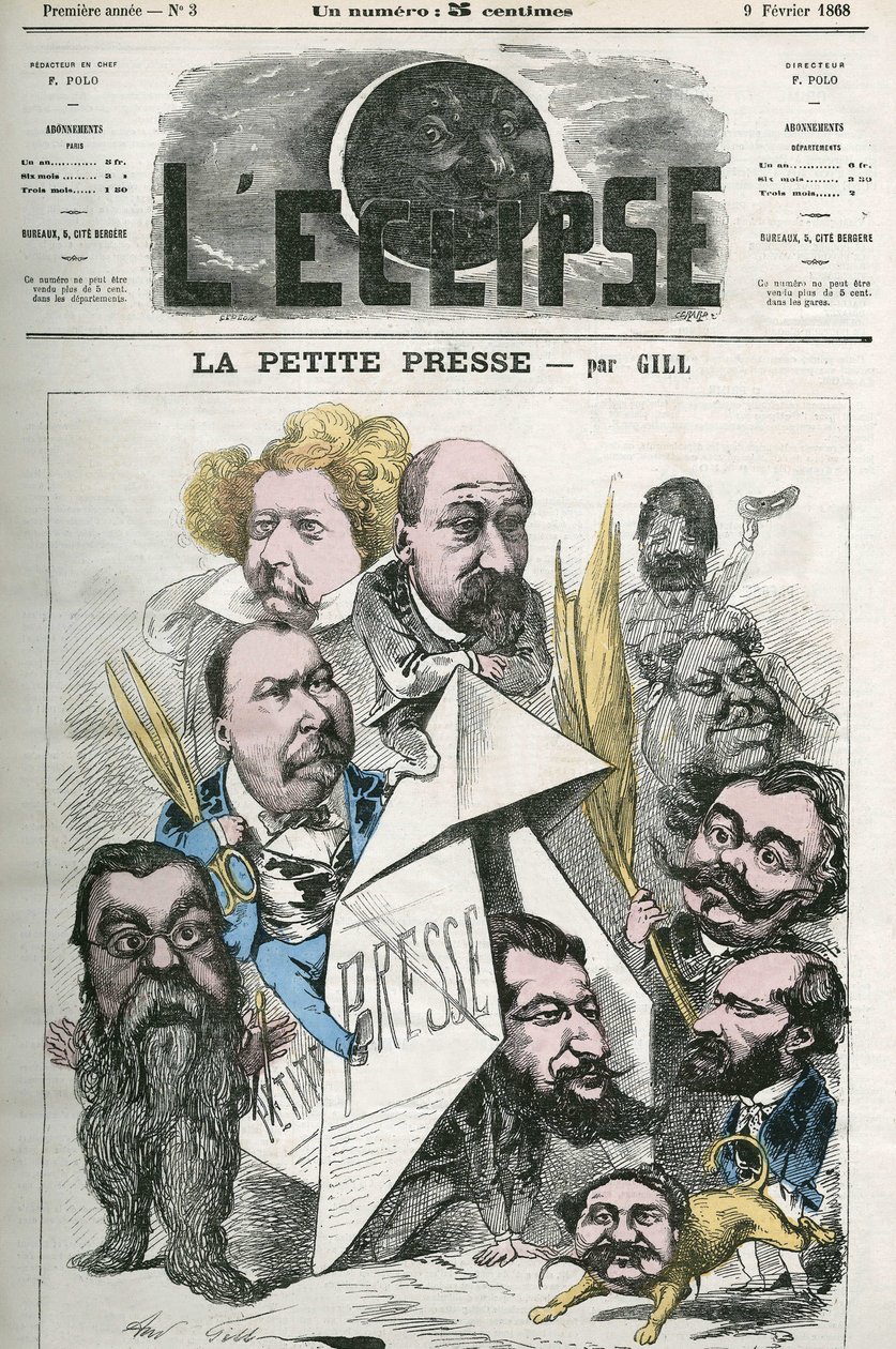 Oprettelse af ""La Petite Presse"", med Jannin, Delsaux, Hermant, Hemery, De Balathier, Bragelonne, Dumas, Ponson du Terrail, Jean du Boys, Revillon og Coste. Cover i "" The Eclipse"" af Gill, 9. februar af Andre Gill