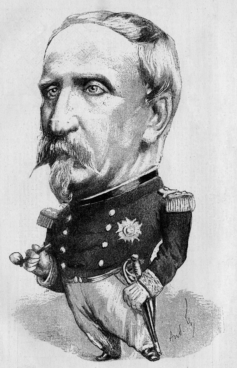 Tegning af Andre Gill, der repræsenterer hertugen af Aumale (1822-1897), fransk politiker og historiker, medlem af det franske akademi. Indgravering i "" The Illustrous World "" 1885 af Andre Gill