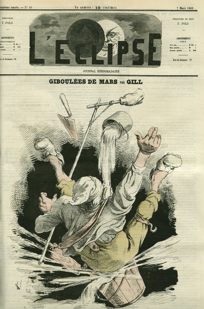 Giboulees de mars, illustration af en mand, der falder i en spand. Cover i "" L
