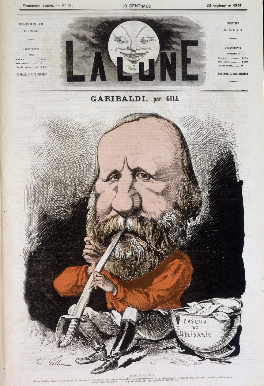 Giuseppe Garibaldi (1807-1882), hymne til fred - af Gill, i "Månen"" fra 22/09/1867 af Andre Gill