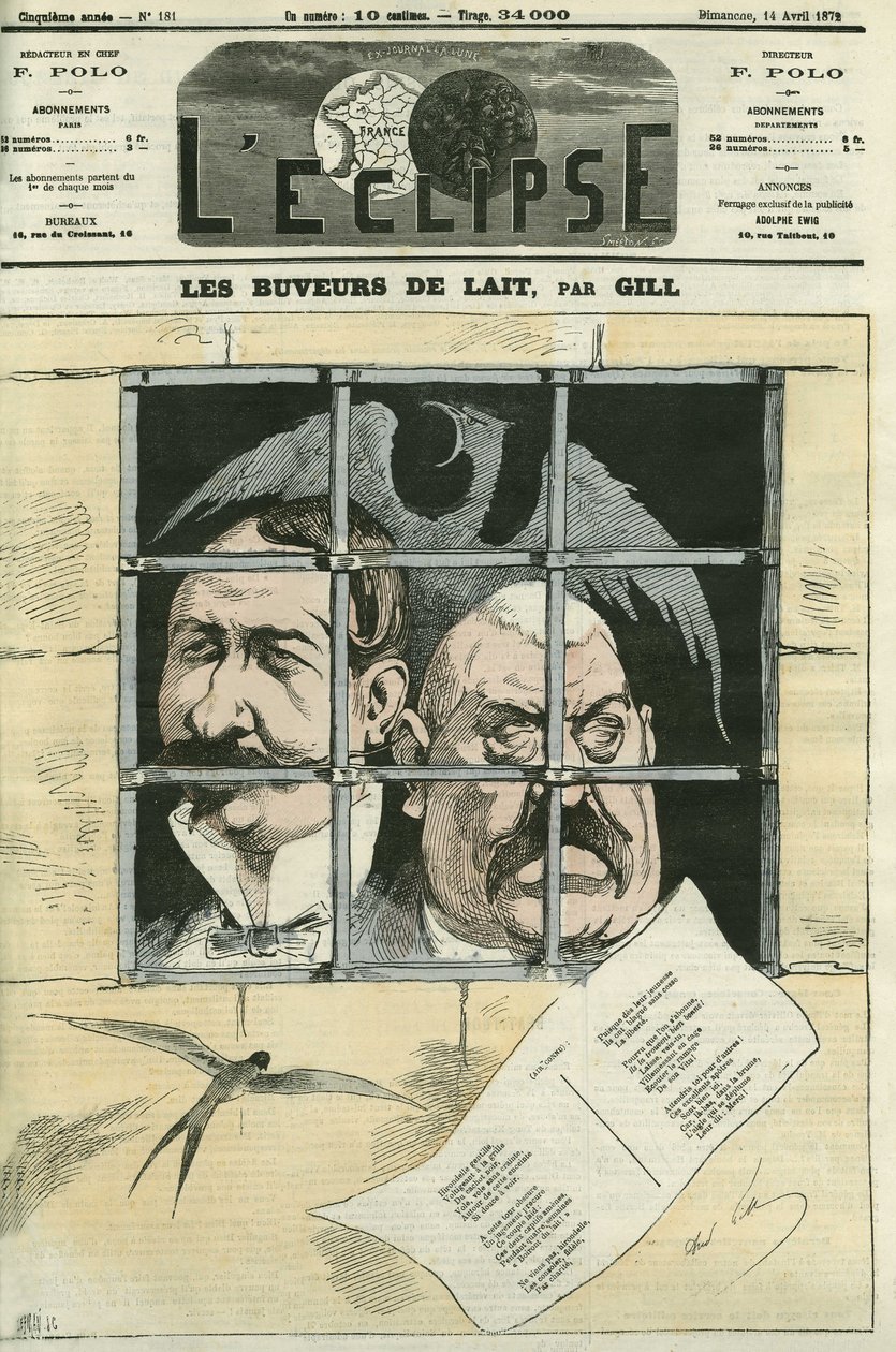 Hippolyte de Villemessant (1810-1879), grundlægger af Le Figaro og Francis Magnard (1837-1894), journalist og senior samarbejdspartner for Villemessant. Avisen vil blive slettet under Kommunen og genfandt under Thiers. Cover i "" L